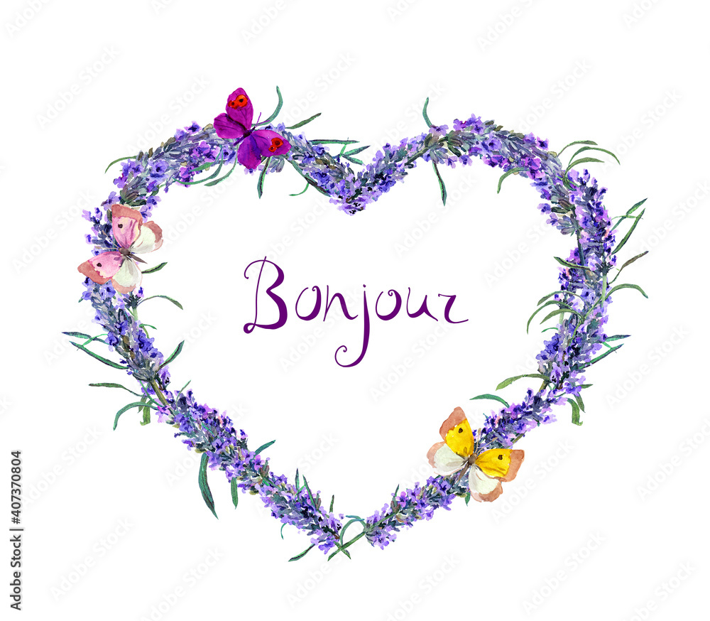 Floral heart shape with lavender flowers and butterflies. French text Bonjour translation Hello . Watercolor card
