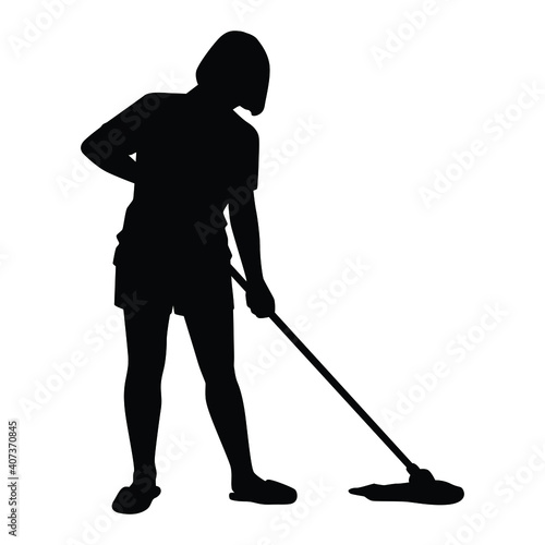 Happy housewife is cleaning the floor with mob silhouette vector on white background