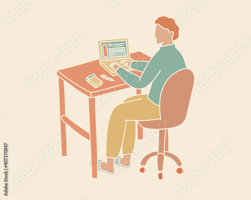 リモートワーク中の男性のイラスト　在宅ワーク　テレワーク　おしゃれ　シンプル　仕事　自宅　パソコン