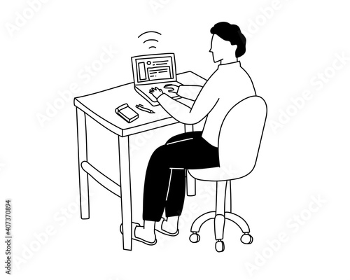リモートワーク中の男性のイラスト　在宅ワーク　テレワーク　おしゃれ　シンプル　仕事　自宅　パソコン