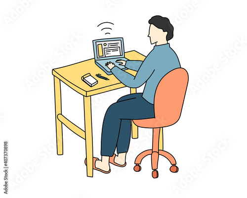 リモートワーク中の男性のイラスト　在宅ワーク　テレワーク　おしゃれ　シンプル　仕事　自宅　パソコン