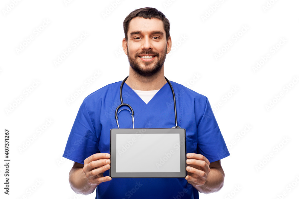 medicine, healthcare and technology concept - happy smiling doctor or male nurse in blue uniform with stethoscope showing tablet pc computer over white background medicine, healthcare and technology concept - happy smiling doctor or male nurse in blue uniform with stethoscope showing tablet pc computer over white background