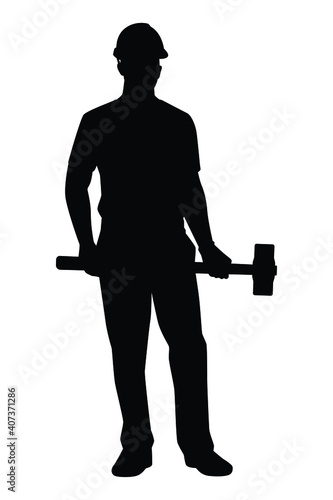 Construction worker with hammer silhouette vector on white background