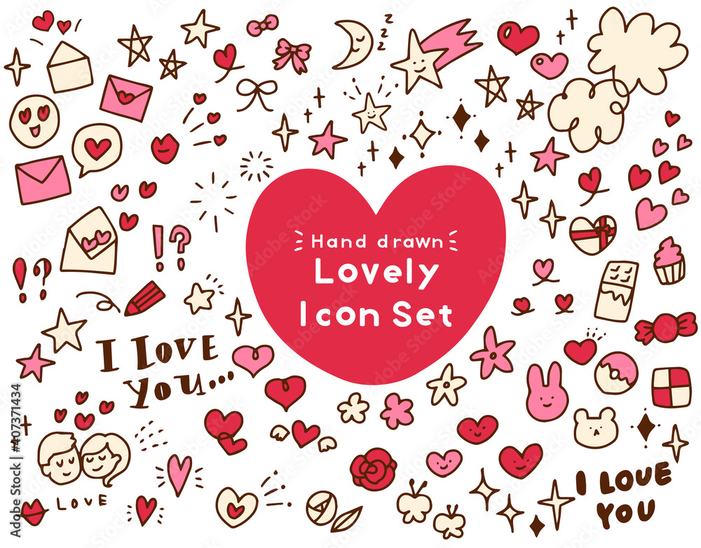 バレンタイン用 手書きのラブリーアイコンイラストセット 赤 ピンク系 Stock Vector Adobe Stock