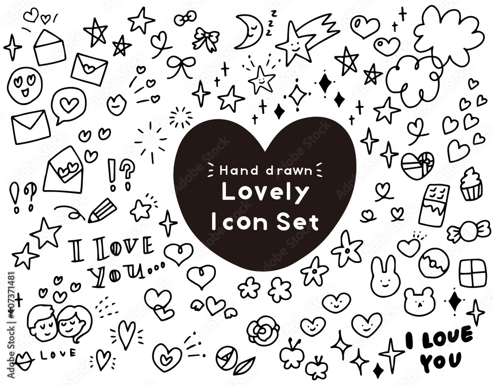 バレンタイン用 手書きのラブリーアイコンイラストセット モノクロ Tripticos Canvas
