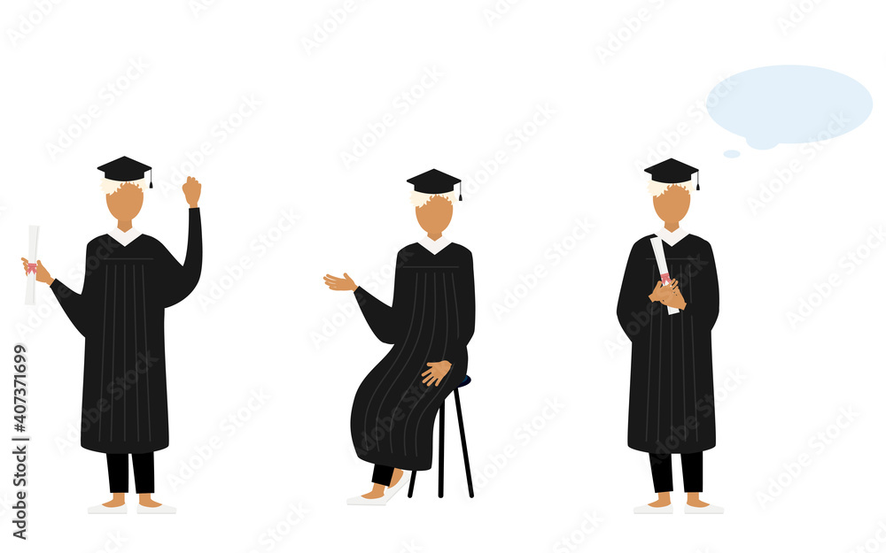 卒業用の角帽とガウン姿の大学生、3ポーズ