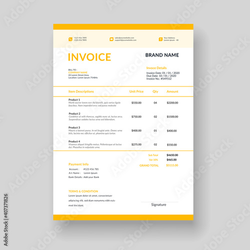 yellow color business invoice template vector format
