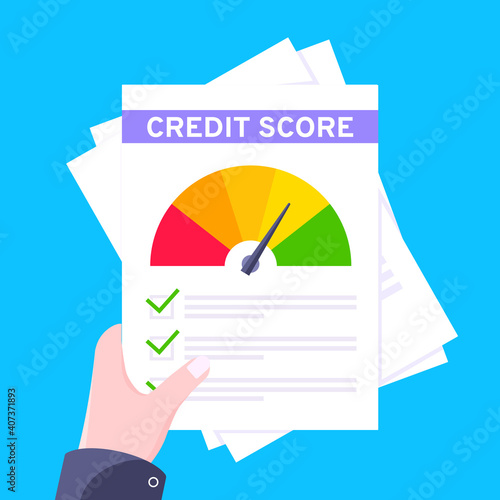 Hand holds credit score gauge speedometer indicator with color levels on paper sheets and file. Measurement from poor to excellent rating for credit or mortgage loans flat style vector illustration.