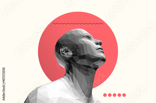 Man looking up. Abstract digital human head. Face side view. Minimalistic design for business presentations, flyers or posters. 3d vector illustration.