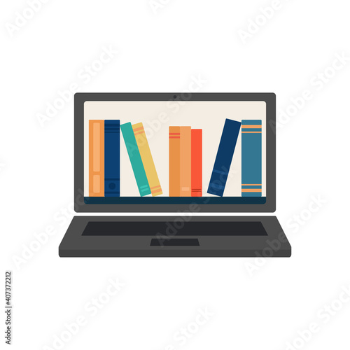 Online library. Books on the laptop screen. Flat vector illustration