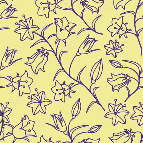 A seamless pattern with the colors of bells. Dark mauve contour on a yellow background. Vector illustration.