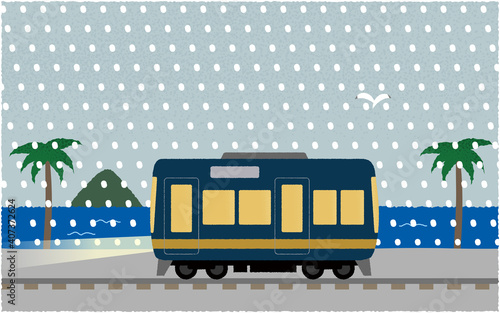 吹雪の中、ライトを点けて海沿いを走る電車のベクターイラスト
