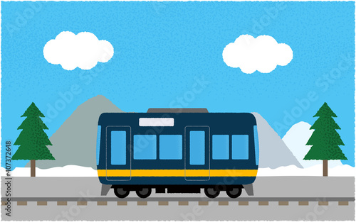 冬、山沿いを走る電車のベクターイラスト