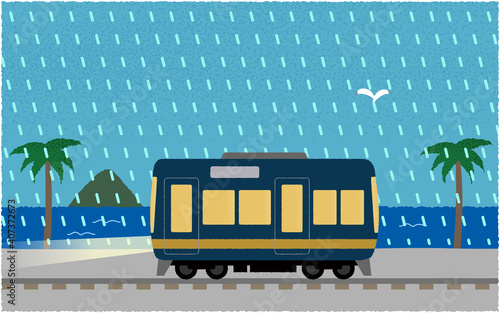 豪雨の中、ライトを点けて海沿いを走る電車のベクターイラスト