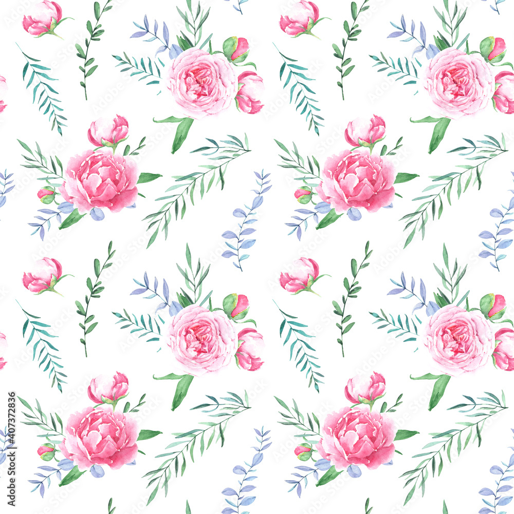 Hand drawn watercolor peony floral pattern. Watercolor pink peony flowers