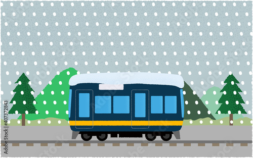 吹雪の中、山沿いを走る電車のベクターイラスト