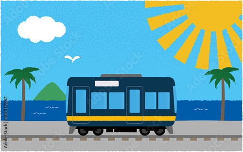 炎天下の海沿いを走る電車のベクターイラスト