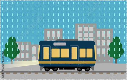 雨の中、ライトを点けて都市を走る電車のベクターイラスト