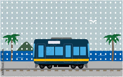 雪の中、海沿いを走る電車のベクターイラスト