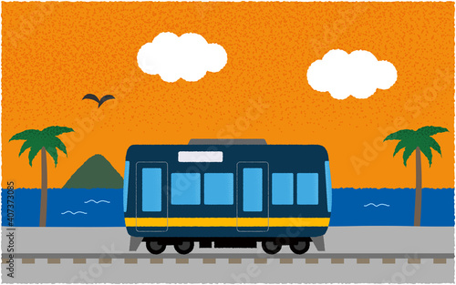 夕方、海沿いを走る電車のベクターイラスト