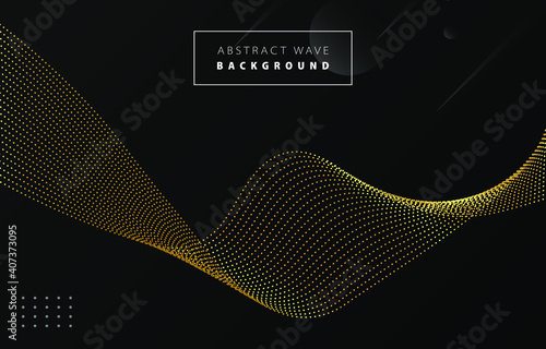 Futuristic abstract metal gold gradient dot wave line vector on Memphis black background, dotted golden yellow digital dynamic elegant flow, technology concept web, poster, card print design template