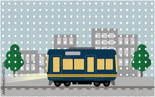 雪の中、ライトを点けて都市を走る電車のベクターイラスト