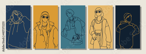 Hand drawn abstract woman faces in line art style, set of trendy posters, modern minimalism art, aesthetic contour