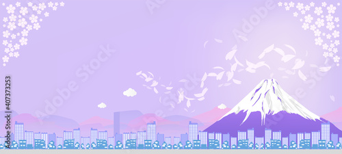 街並みと桜と富士山のコピースペース背景