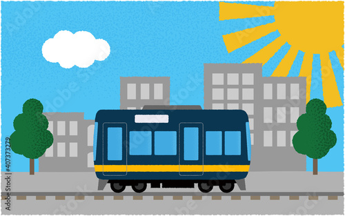 炎天下の都市を走る電車のベクターイラスト