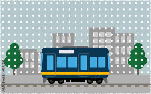 雪の中、都市を走る電車のベクターイラスト
