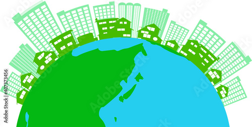 地球の上に生えるビル群の街並み(ビルいっぱい)