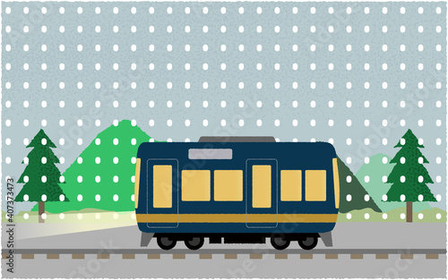 雪の中、ライトを点けて山沿いを走る電車のベクターイラスト