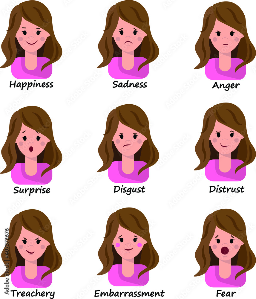 Vector set of female emotions. The expression on his face. The Avatar Girl. Vector image in flat style Vector set of female emotions. The expression on his face. The Avatar Girl. Vector image in flat style