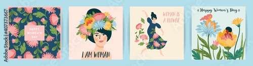 International Women s Day. Set of vector templates with cute women and flowers for card, poster, flyer and other