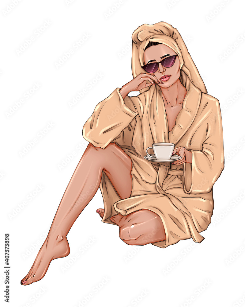 Beautiful hand brunette woman in white towel with coffee fashion sketch on  white background. Girl in