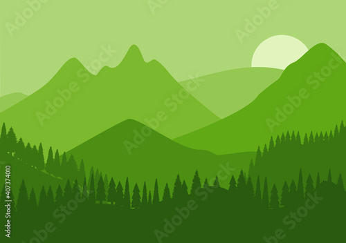 Desert Landscape with Cactus, Hills and Mountains Silhouettes. Vector Nature Horizontal Background © denayune