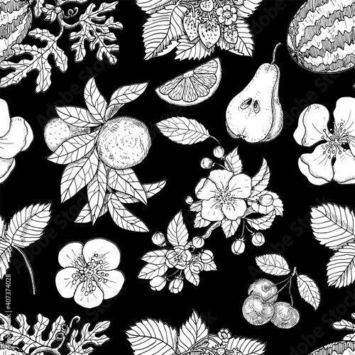 Seamless pattern withfruits and flowers against black background. Hand drawn engraved vector illustration, black and white line art, healthy eating, vegan and vegetarian concept. 