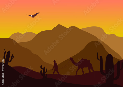 Desert Landscape with Cactus  Hills and Mountains Silhouettes. Vector Nature Horizontal Background