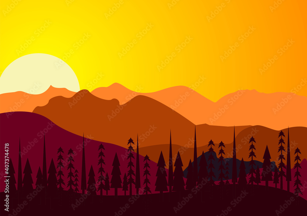 Desert Landscape with Cactus, Hills and Mountains Silhouettes. Vector Nature Horizontal Background