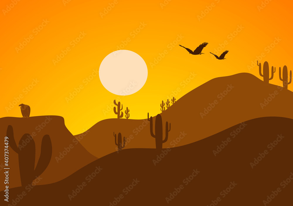 Desert Landscape with Cactus, Hills and Mountains Silhouettes. Vector Nature Horizontal Background