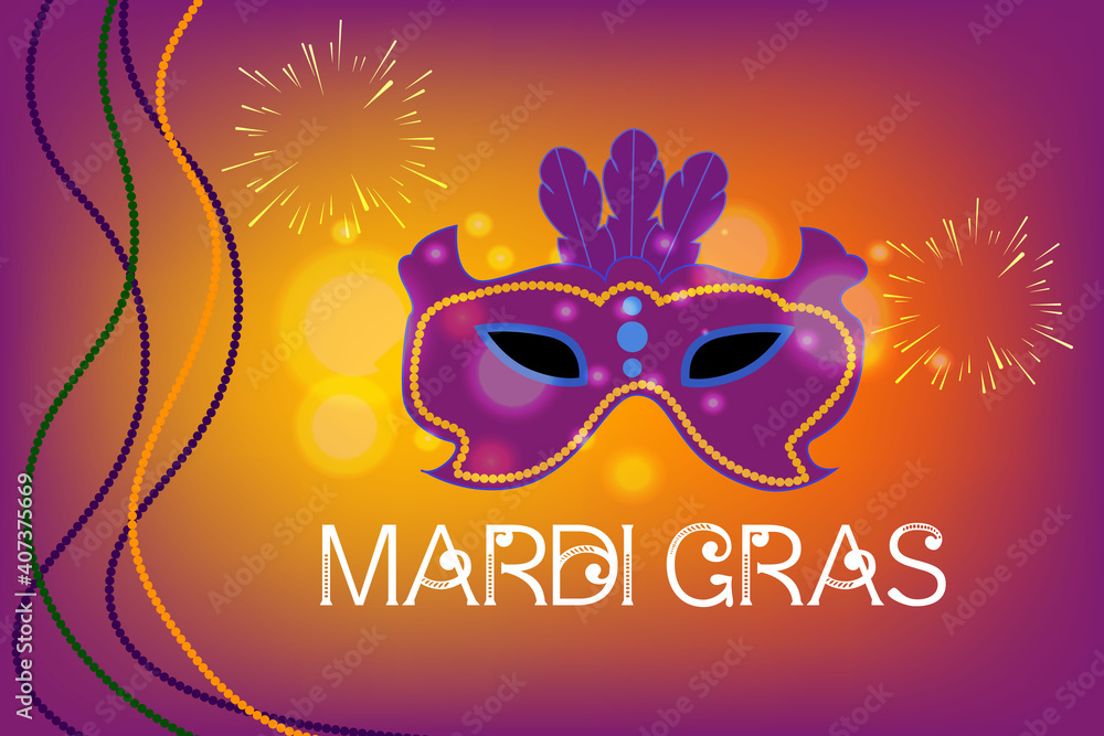 mardi gras carnival party design with cartoon colorful mask, beads with colorful background  . Fat tuesday, carnival, festival . For greeting card, banner, gift packaging, poster. 
