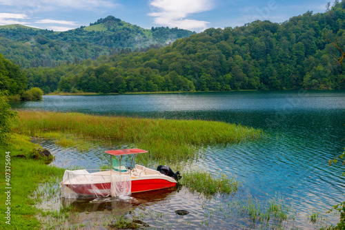 Azerbaijan, Goygol: Panoramic view landscape scenery on famous Lake near Ganja and boat