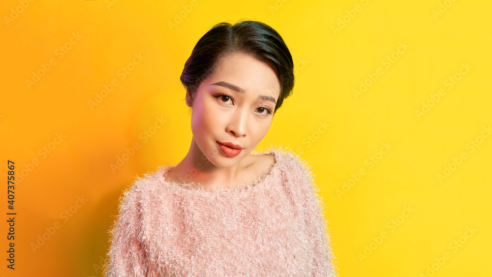young woman in bright warm youth clothes isolated background young woman in bright warm youth clothes isolated background