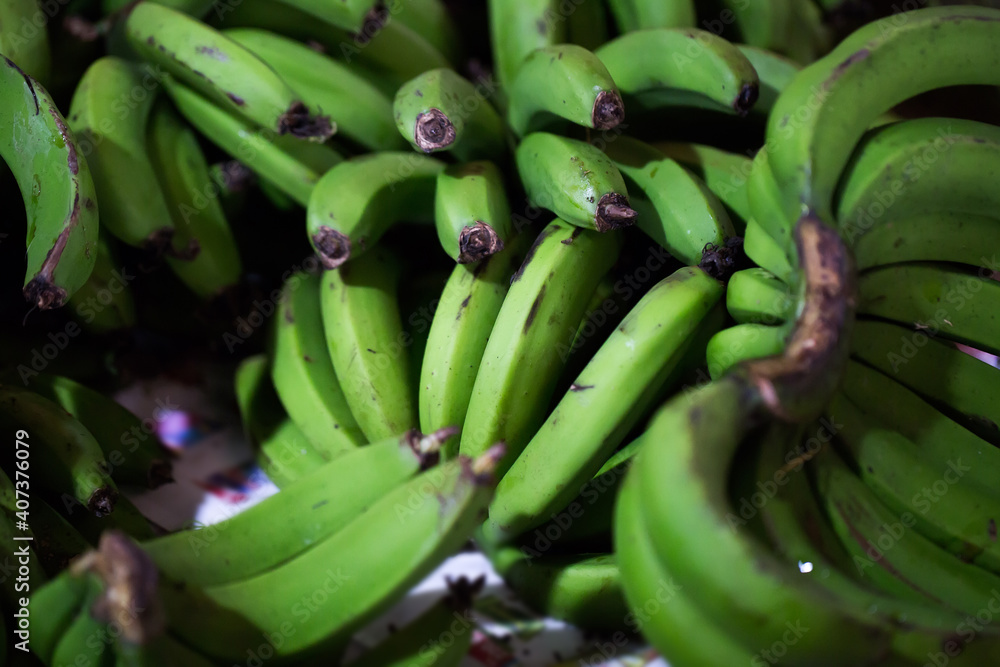 Green bananas in the Indian market in Mauritius.