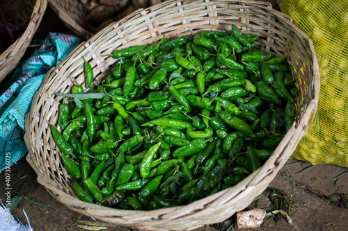 Fresh chilli is sold in the market. The Indian market in Mauritius