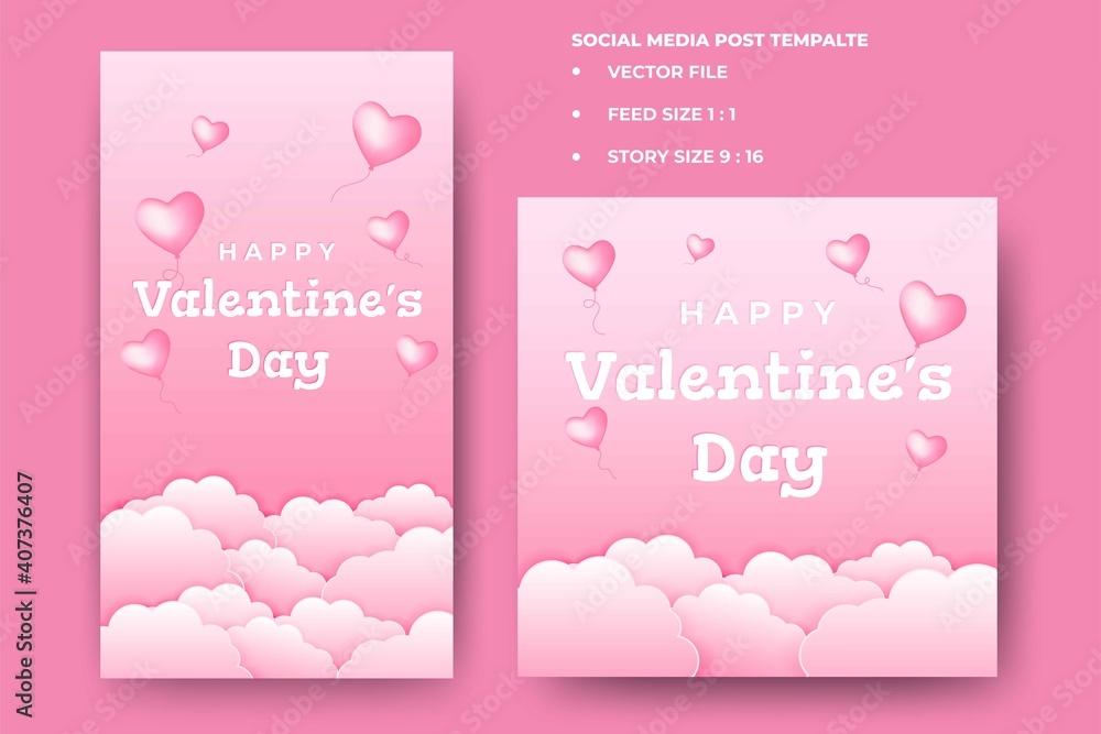 Set of Editable square banners design. Valentine's day banner design with love balloon and sky illustration. Suitable for social media feed, story, banner, and web. Flat design vector isolated.