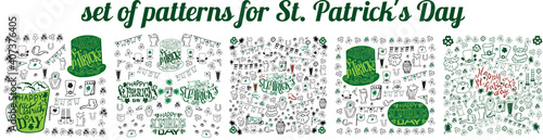 Set of 5 patterns of traditional St. Patrick's Day symbols in doodle style isolated on a white background. Vector collection of clover, pub decorations, leprechaun hats, handwritten greeting messages.