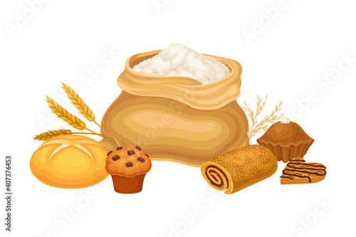 Sack with Flour and Sweet Pastry and Bread Loaf Vector Composition