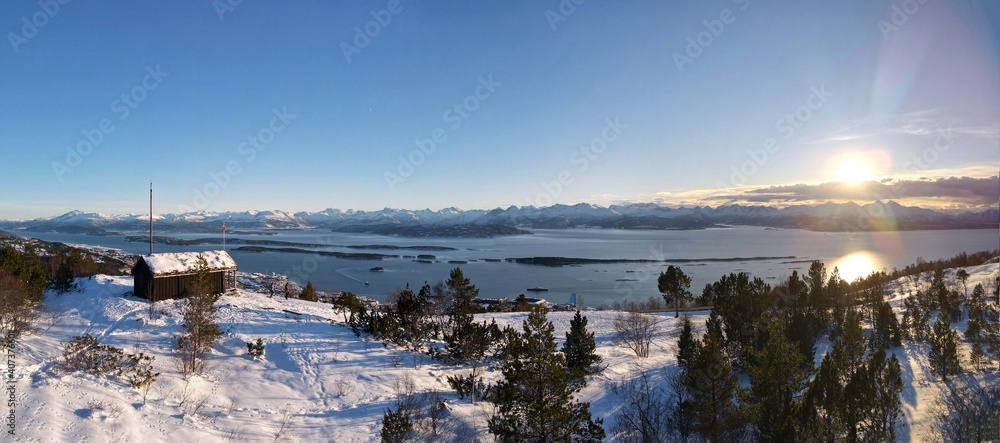 Sunrise over the mountains in Molde, Norway. Varden - Panorama picture.