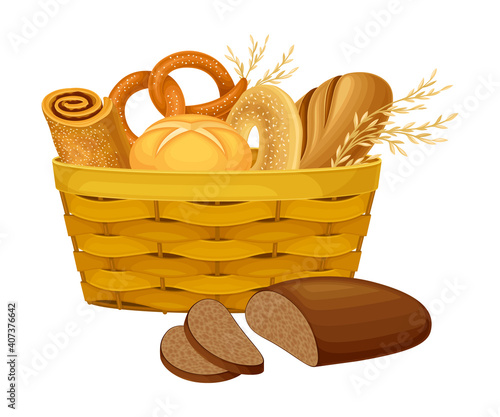 Wicker Basket Full with Bread and Sweet Pastry Vector Composition
